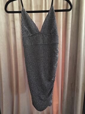 Forever 21 Black Silver Metallic Stripe Ruched Bodycon Mini Dress Size S